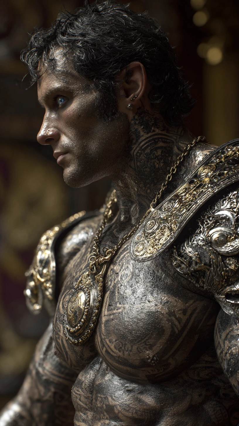 Arabian warrior bodybuilder in sci fi armor profile