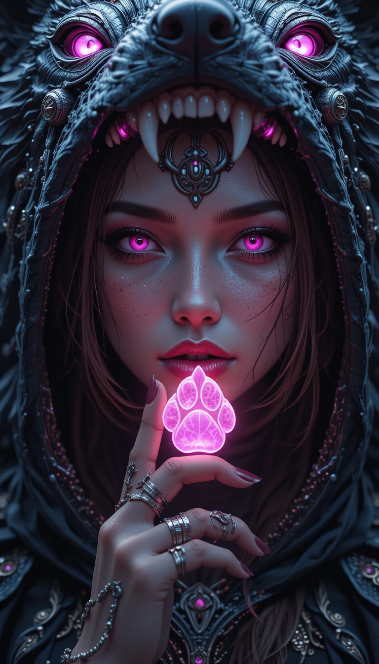 Mystical woman in wolf hood holding glowing pink emblem
