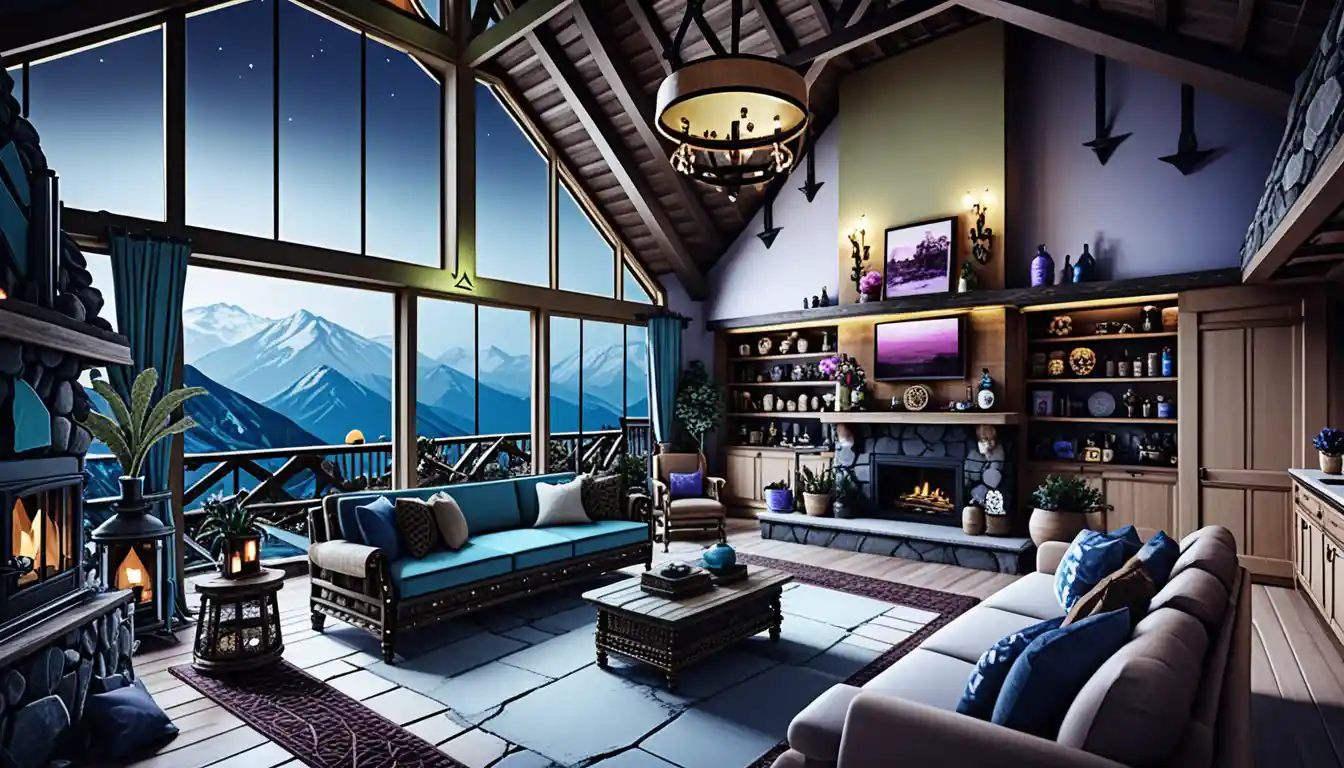 Luxury rustic mountain cabin in stylized isometric cutaway