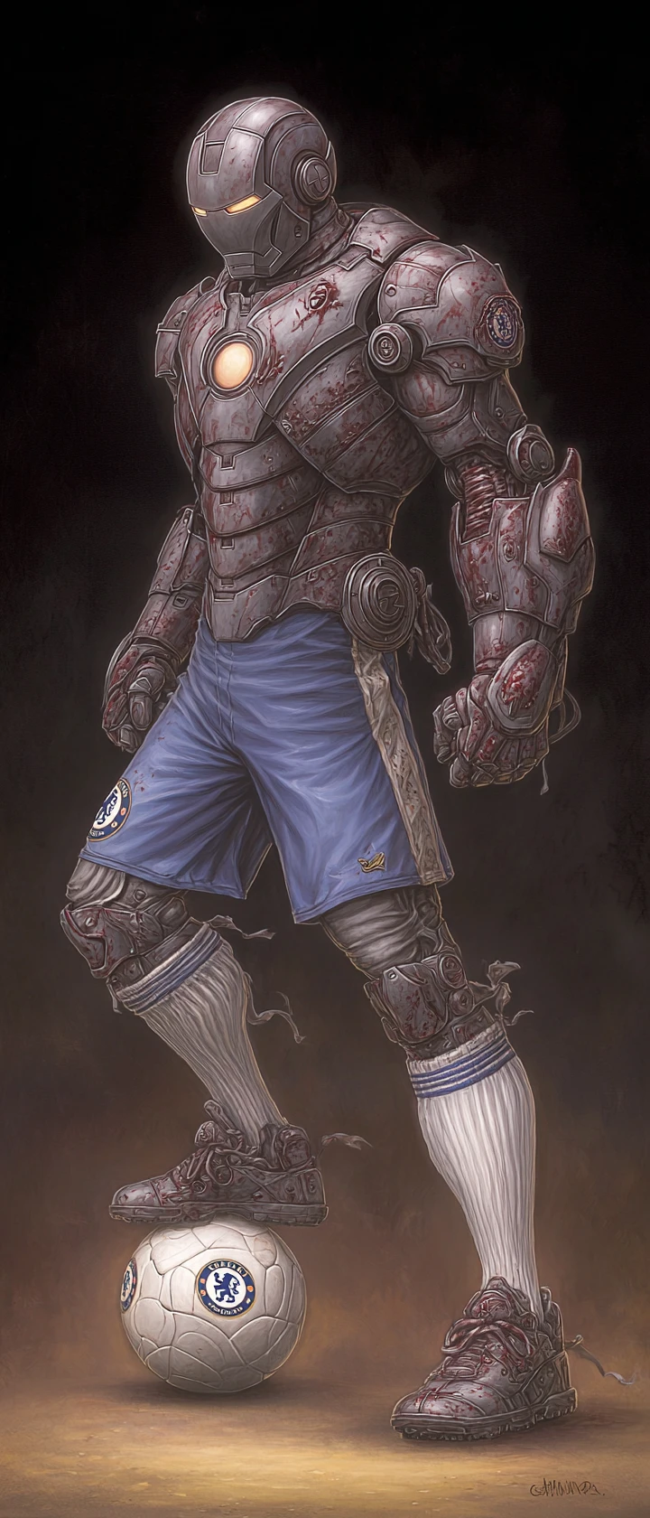 Armored soccer player in blue white uniform kicking ball