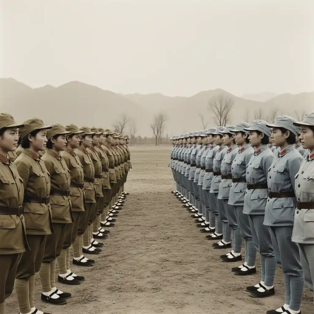 Soldatesse cinesi una di fronte all’altra in formazione di guerra