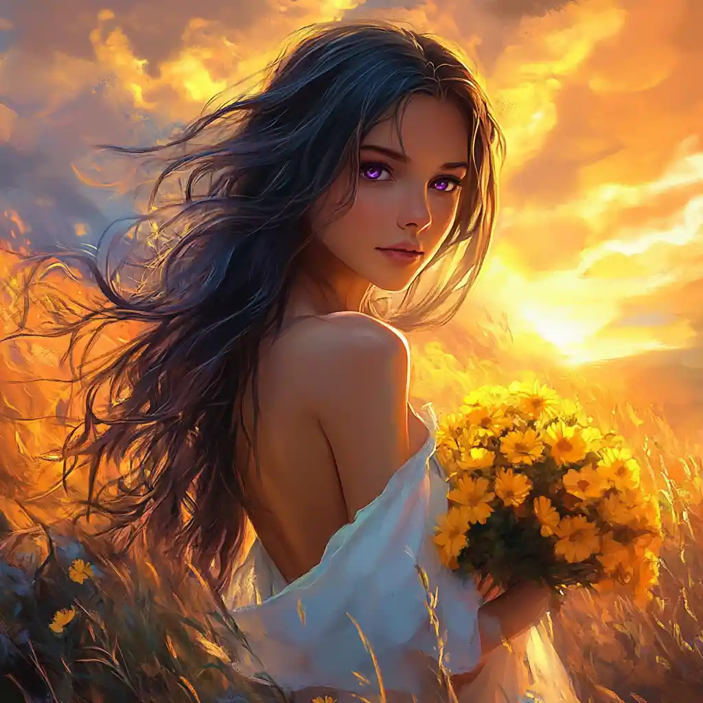 Blauhaariges Anime-Mädchen mit Blumen auf einer Wiese im Sonnenuntergang