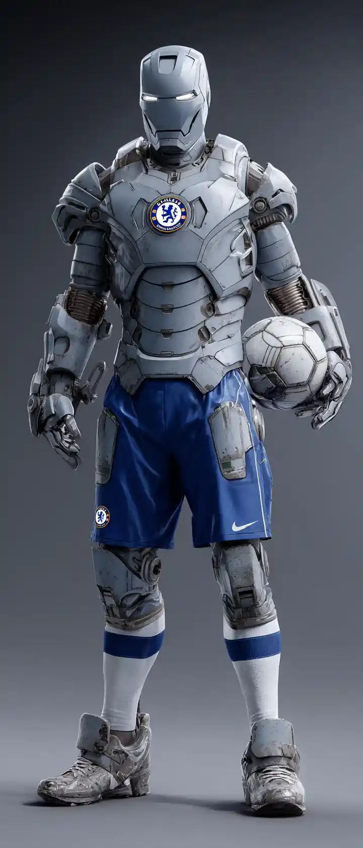Armored superhero playing soccer on a bright sports field
