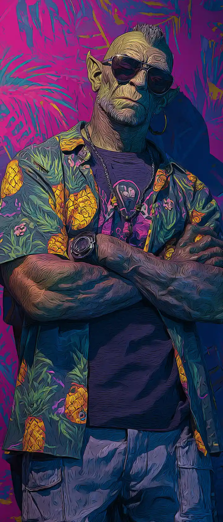 Weary grey orc tourist in sunglasses and hawaiian shirt