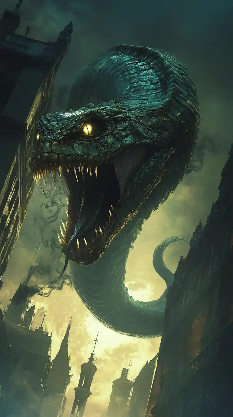 Iridescent reptile rising over a misty gothic city