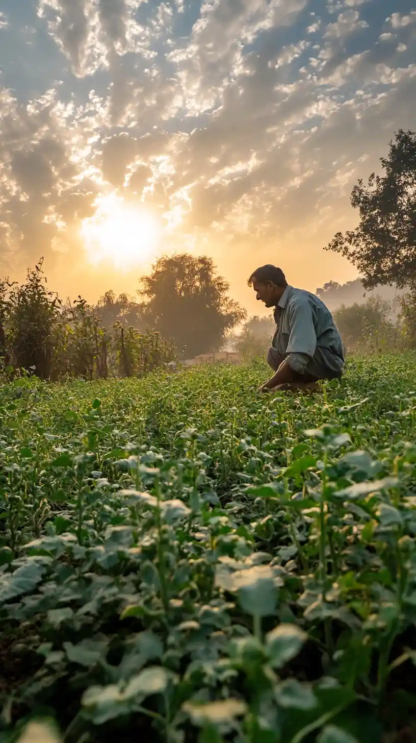 Agricoltore devoto che lavora instancabilmente nei suoi campi alle prime ore del mattino