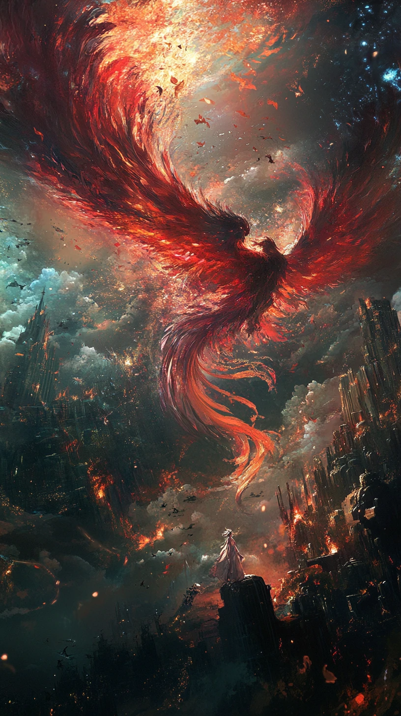 Mythical phoenix soaring through a distant cosmic space