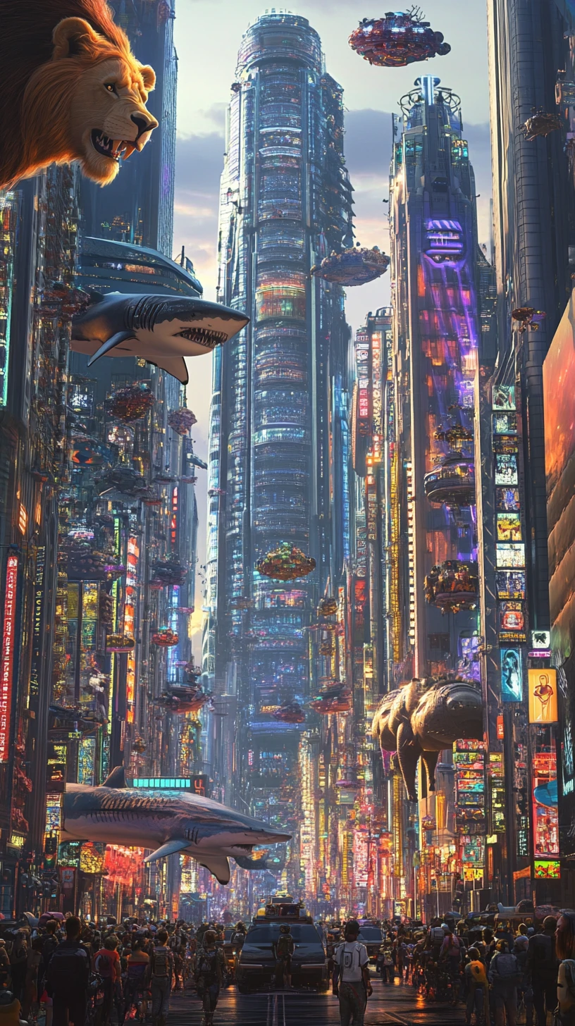 Città futuristica con umani e cittadini predatori antropomorfi