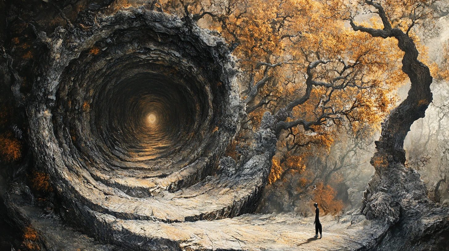 Surreal optical illusion scene with multiple overlapping images