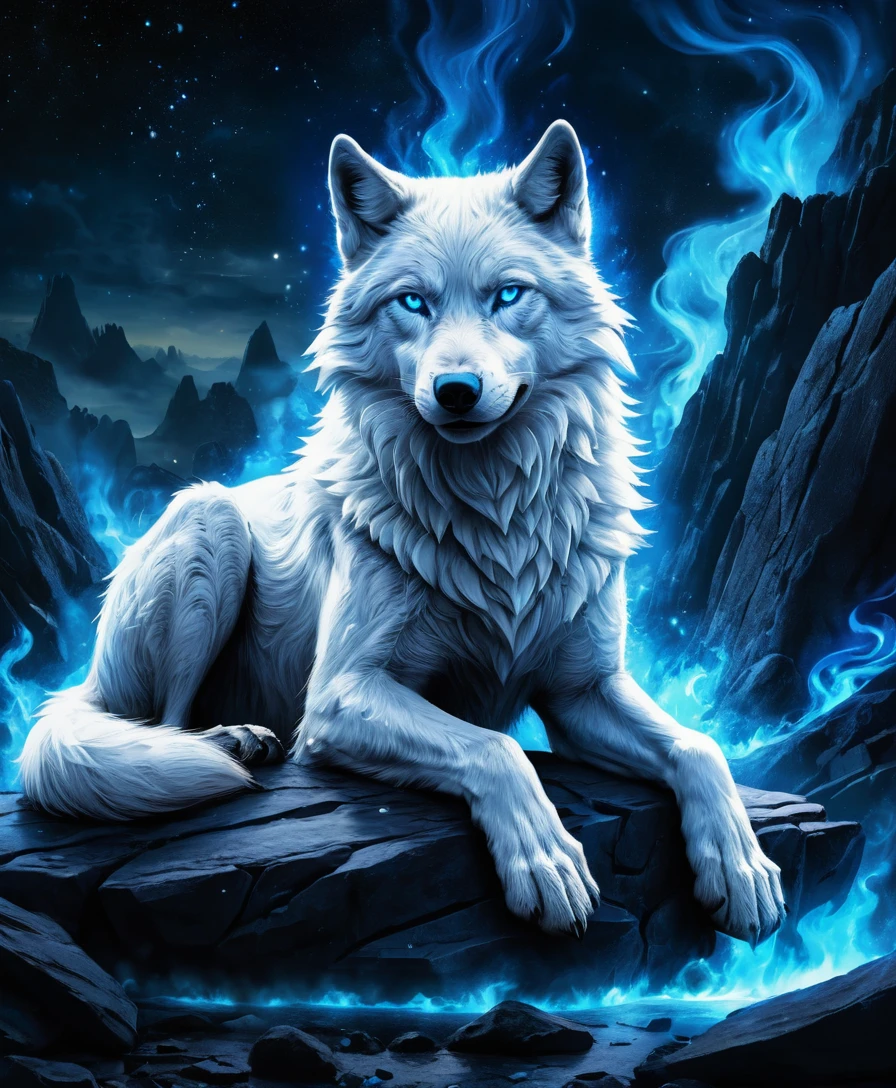 White wolf with blue eyes in swirling cosmic flames