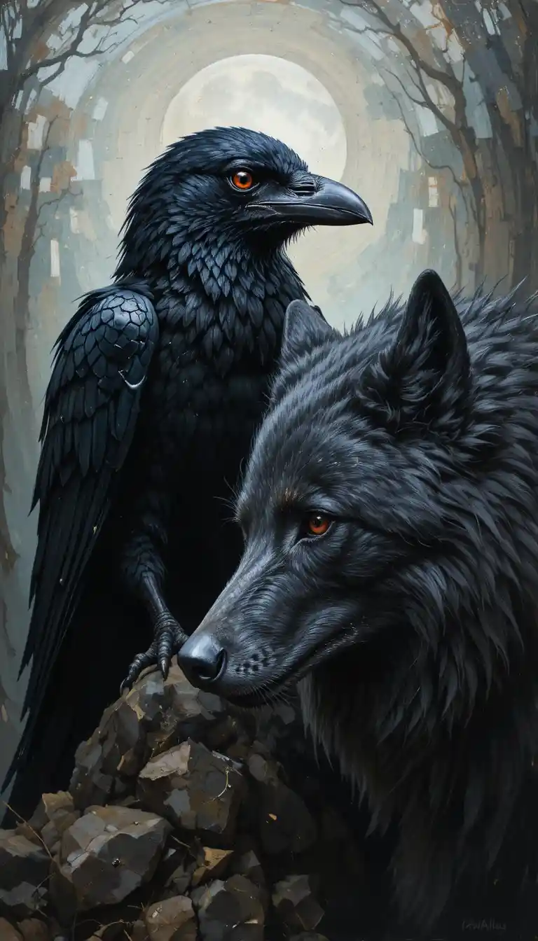 Dark oil portrait of a raven and dire wolf