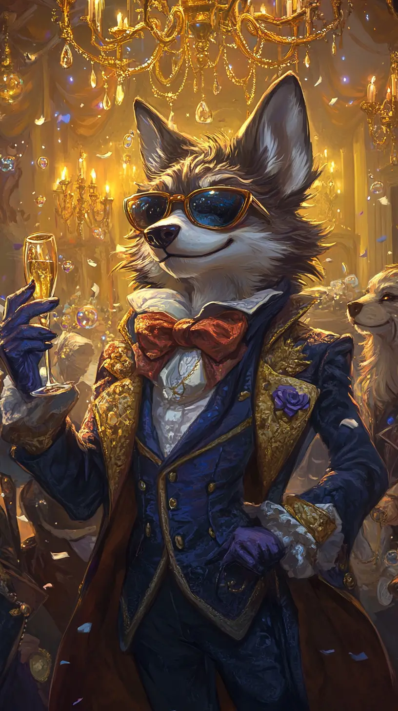 Anthropomorphic wolves dancing at a grand masquerade ball