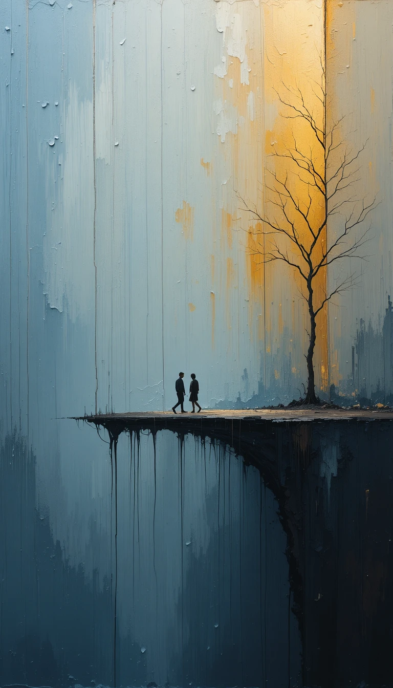 Two tiny figures crossing an abstract impasto landscape