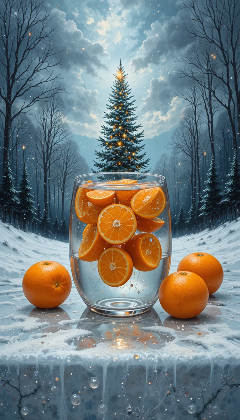 Stillleben mit Orangen in Glasvase und leuchtenden Winterbäumen