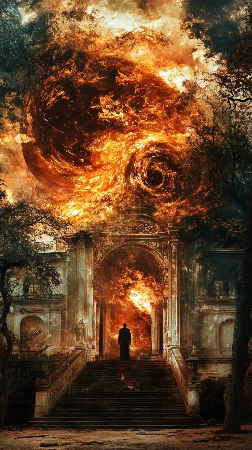 Surreal optical illusion scene with shifting fiery forms