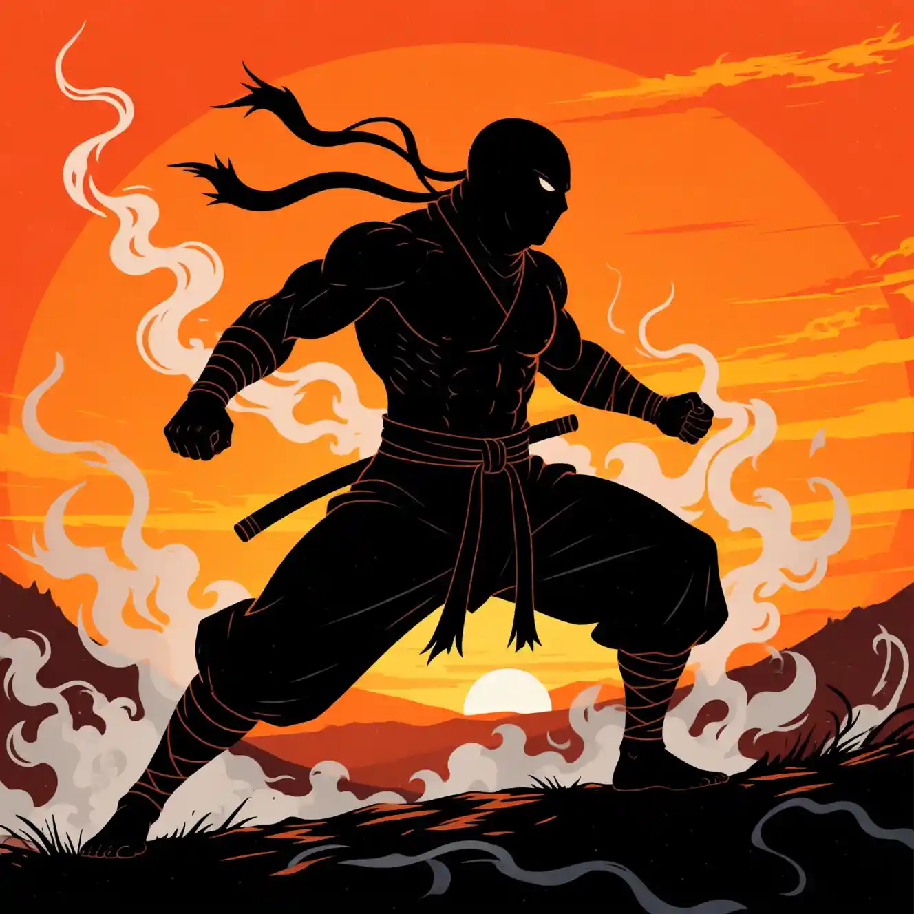 Ninja musculoso em pose contra um céu de pôr do sol laranja em chamas