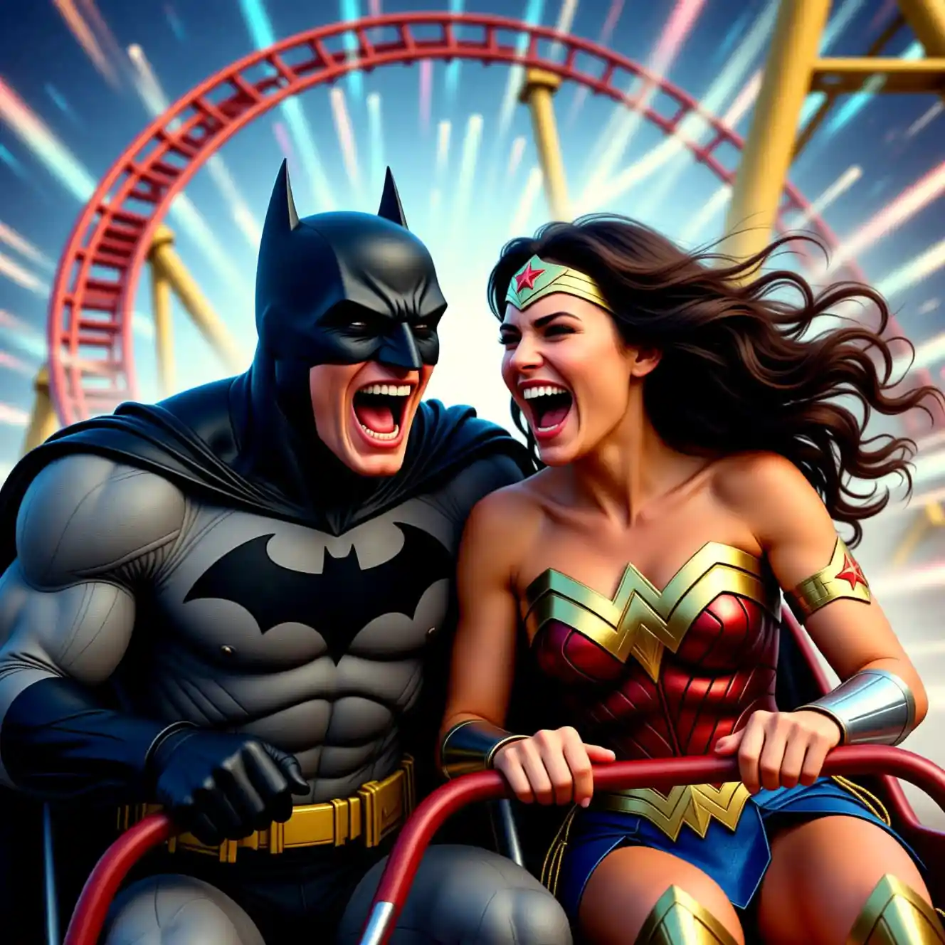 Superheroes Screaming With Joy On A Surreal Roller Coaster