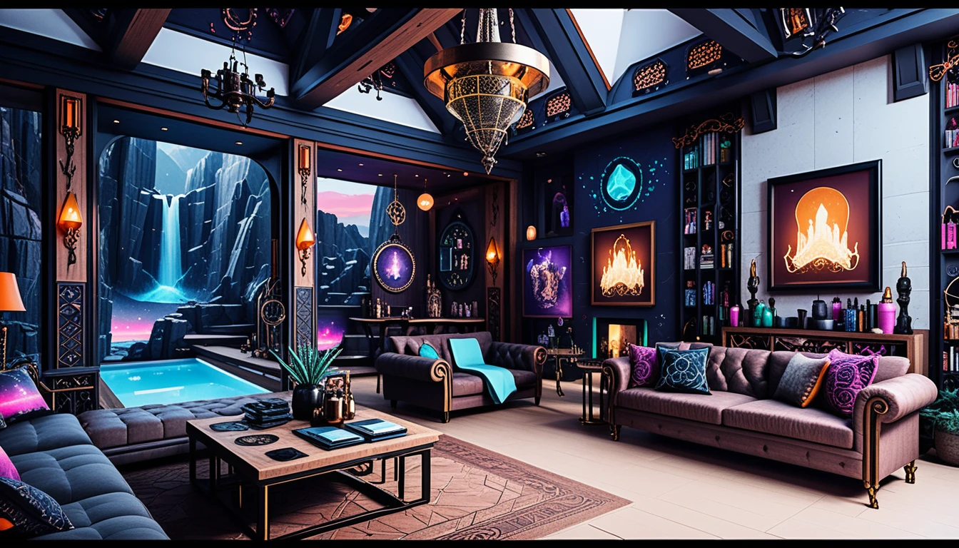 Fantasy castle living room with dark cosmic interior design