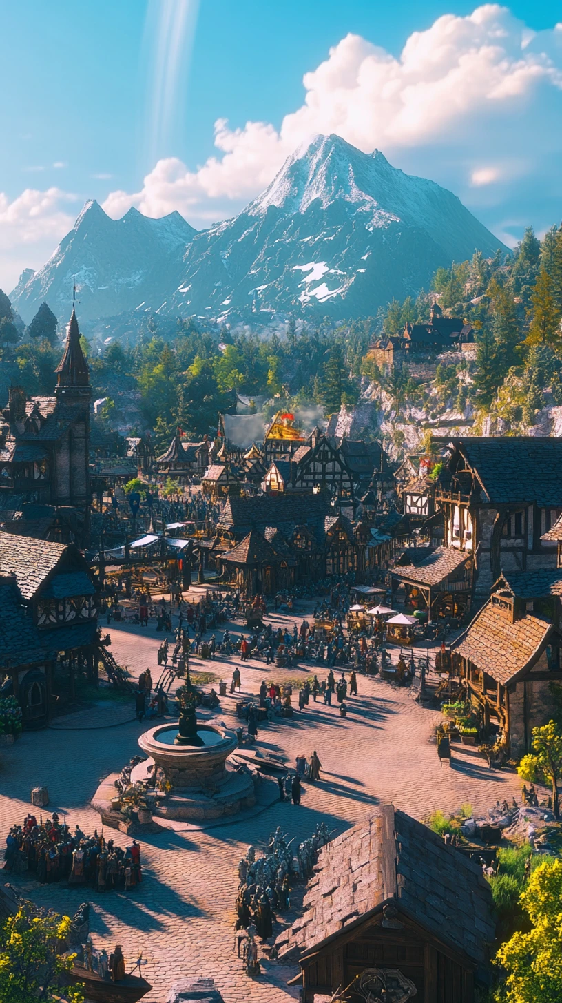Reino de fantasia medieval com colinas, florestas e praça movimentada