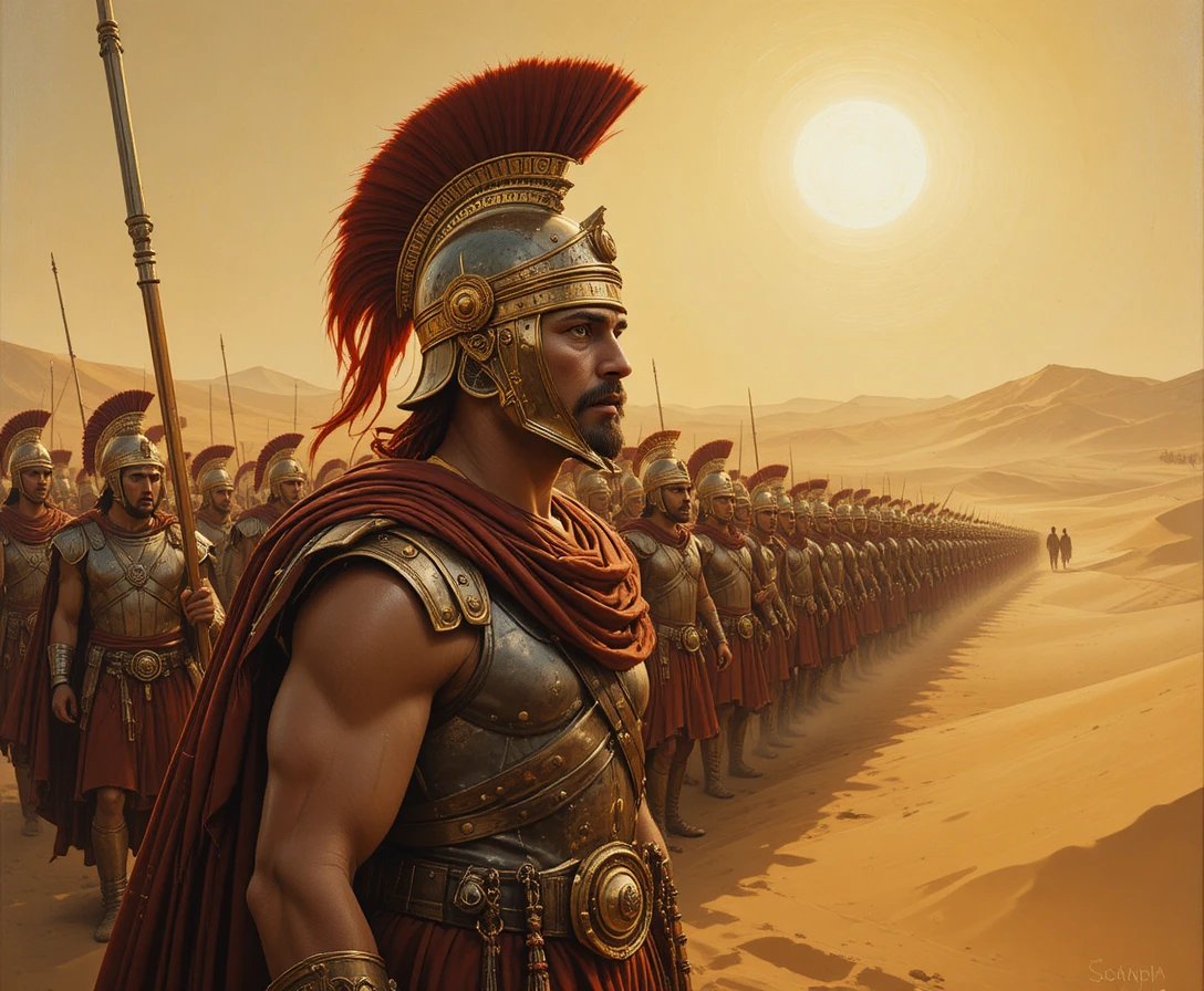 Roman centurion leading infantry across a blazing desert