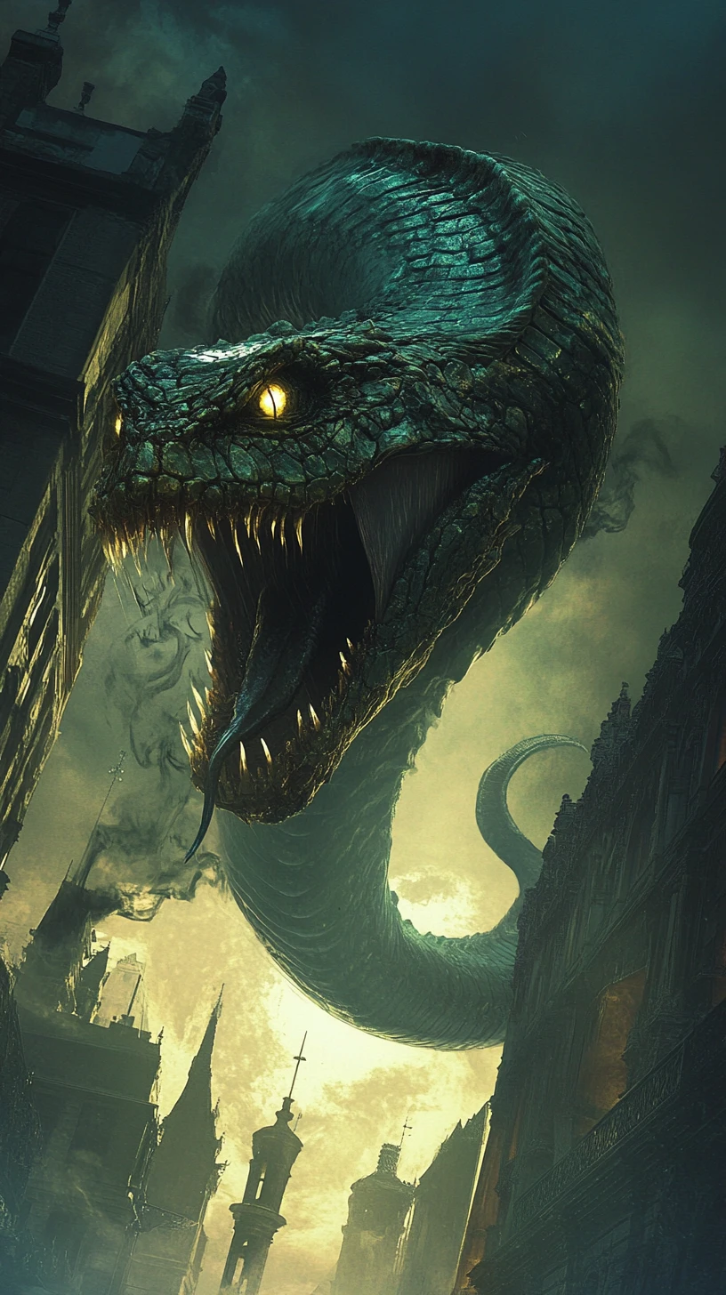 Iridescent reptile rising over a misty gothic city