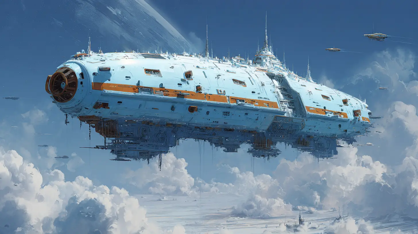Gigantic cargo spaceship city with domed rooftop metropolis