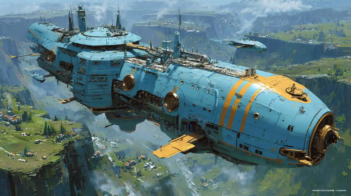 Gigantic cargo spaceship city approaching a verdant planet