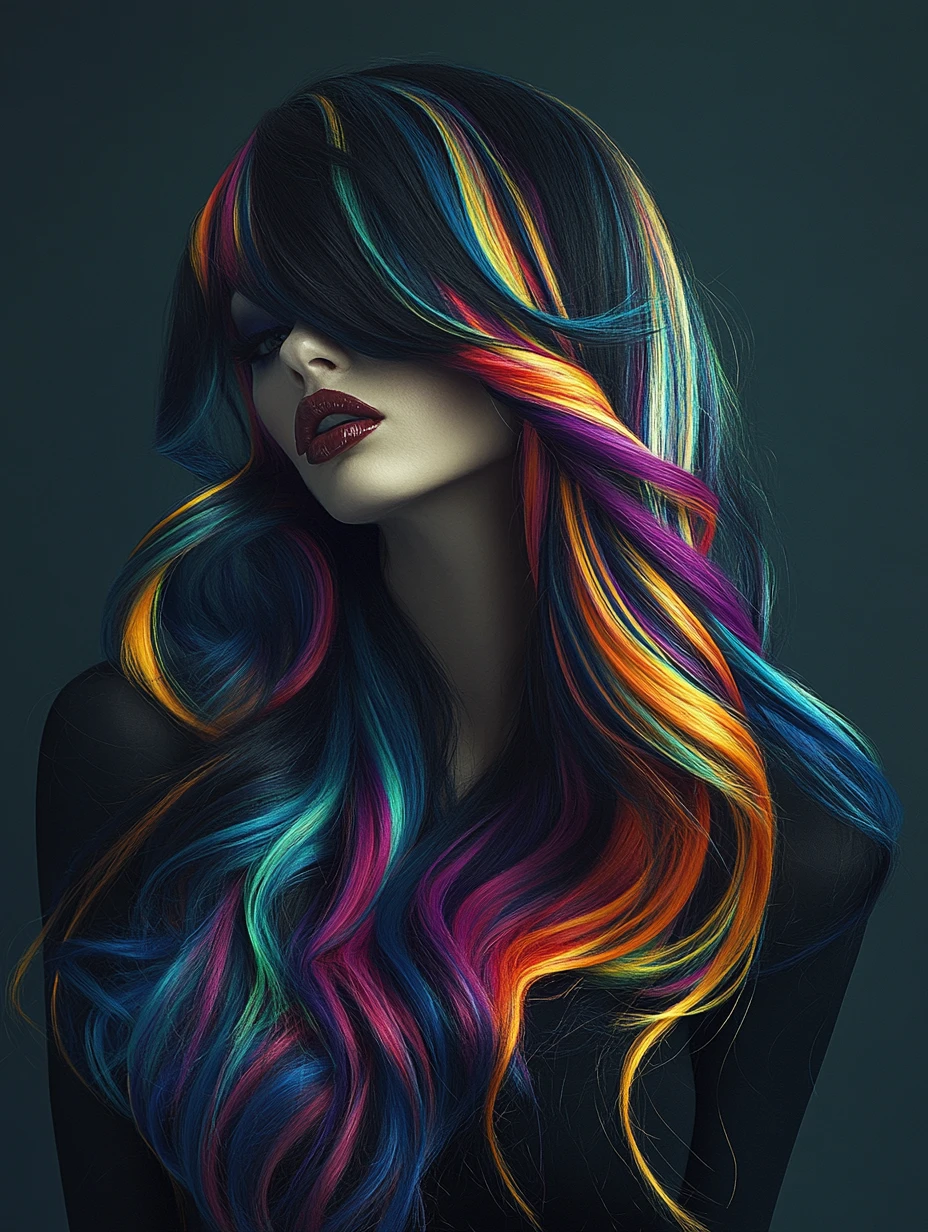 Editorial beauty close up of woman with long dark wig
