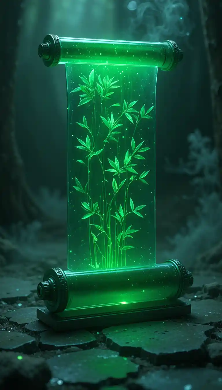 Kristalline Jade-Schriftrolle mit holografischem Bambus in der Dunkelheit