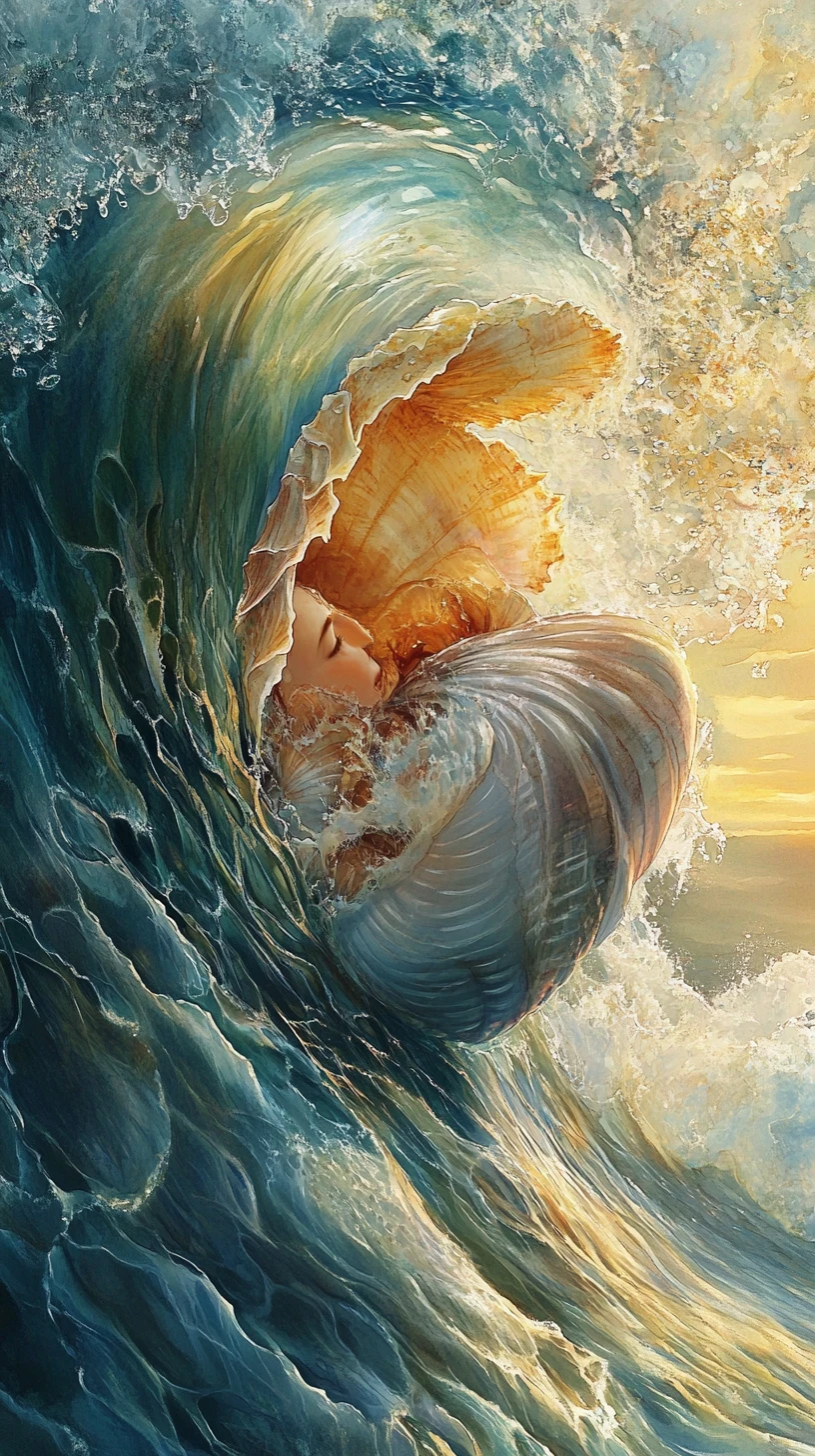 White shark gliding through swirling ocean watercolor scene