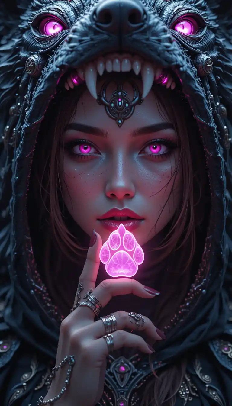 Donna mistica con cappuccio di lupo che tiene un emblema rosa luminoso
