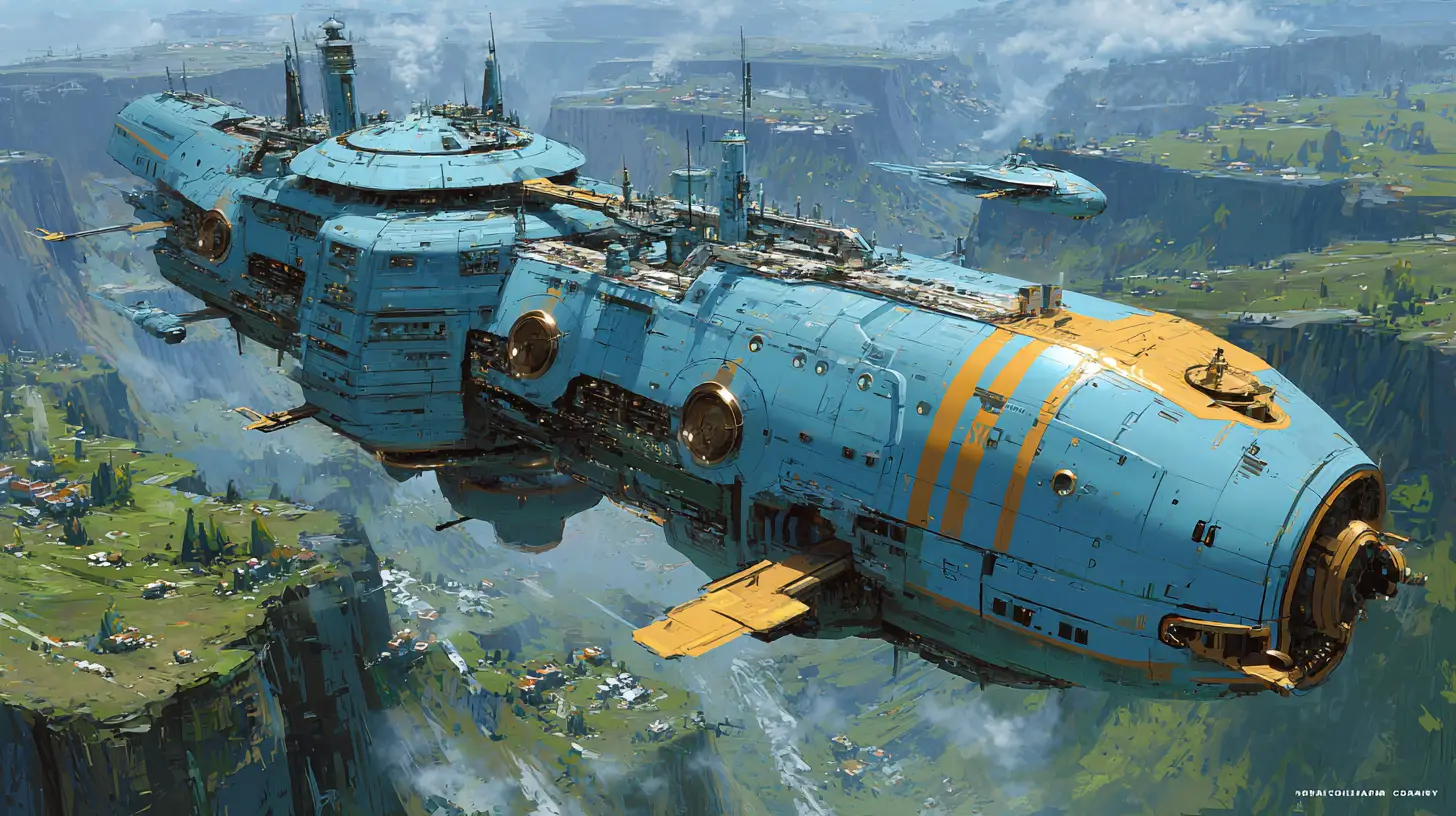 Gigantic cargo spaceship city approaching a verdant planet