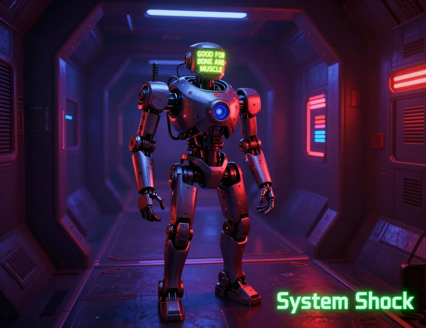 Futuristischer Roboter in einem neonbeleuchteten Sci‑Fi‑Korridor