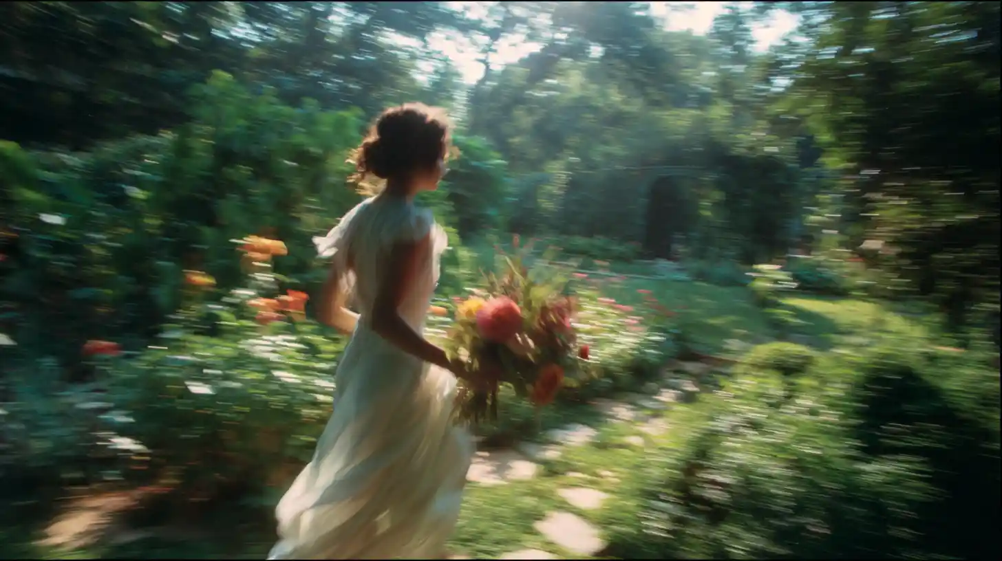 Woman running in white dress through a sunlit garden