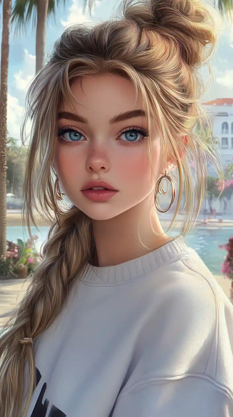 Blonde girl portrait with bun and braid by the water