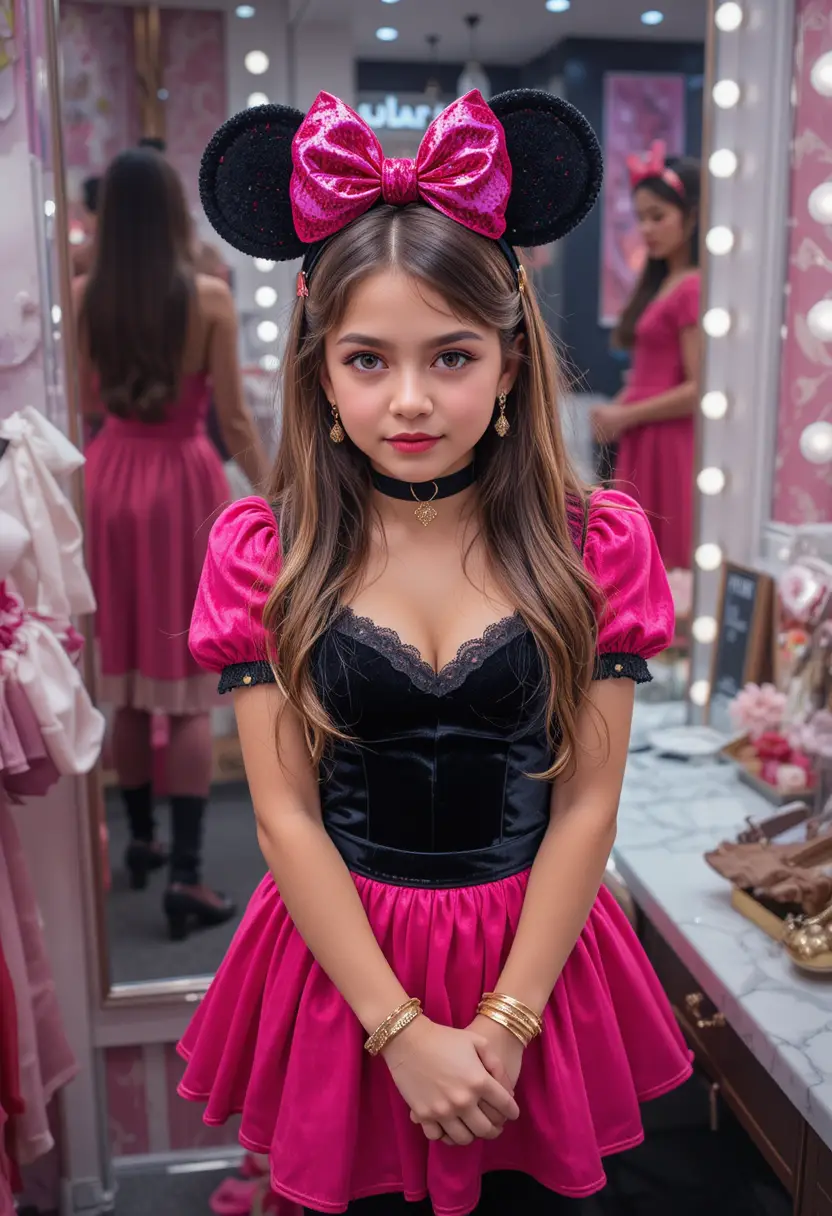 Confused tween girl in pink minnie dress at vanity
