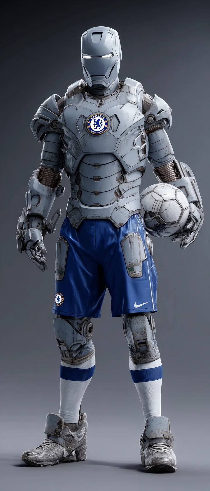 Armored superhero playing soccer on a bright sports field