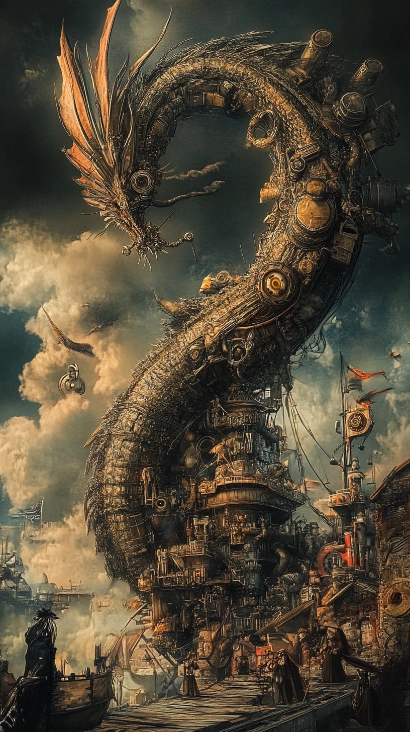 Surreal steampunk dragon in a layered illusionary scene