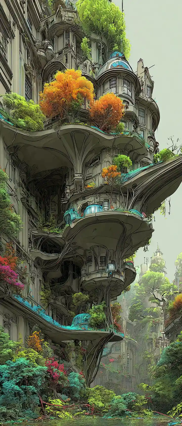 Brutalist palace with art nouveau details in jungle forest