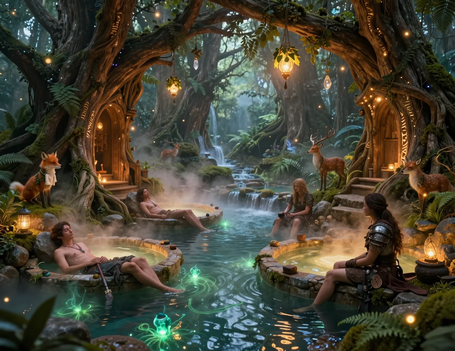 Mystical Forest Bathhouse Among Ancient Tree Roots
