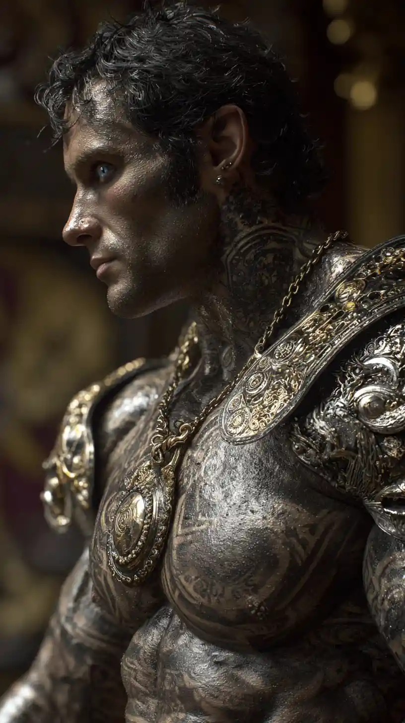 Arabian warrior bodybuilder in sci fi armor profile