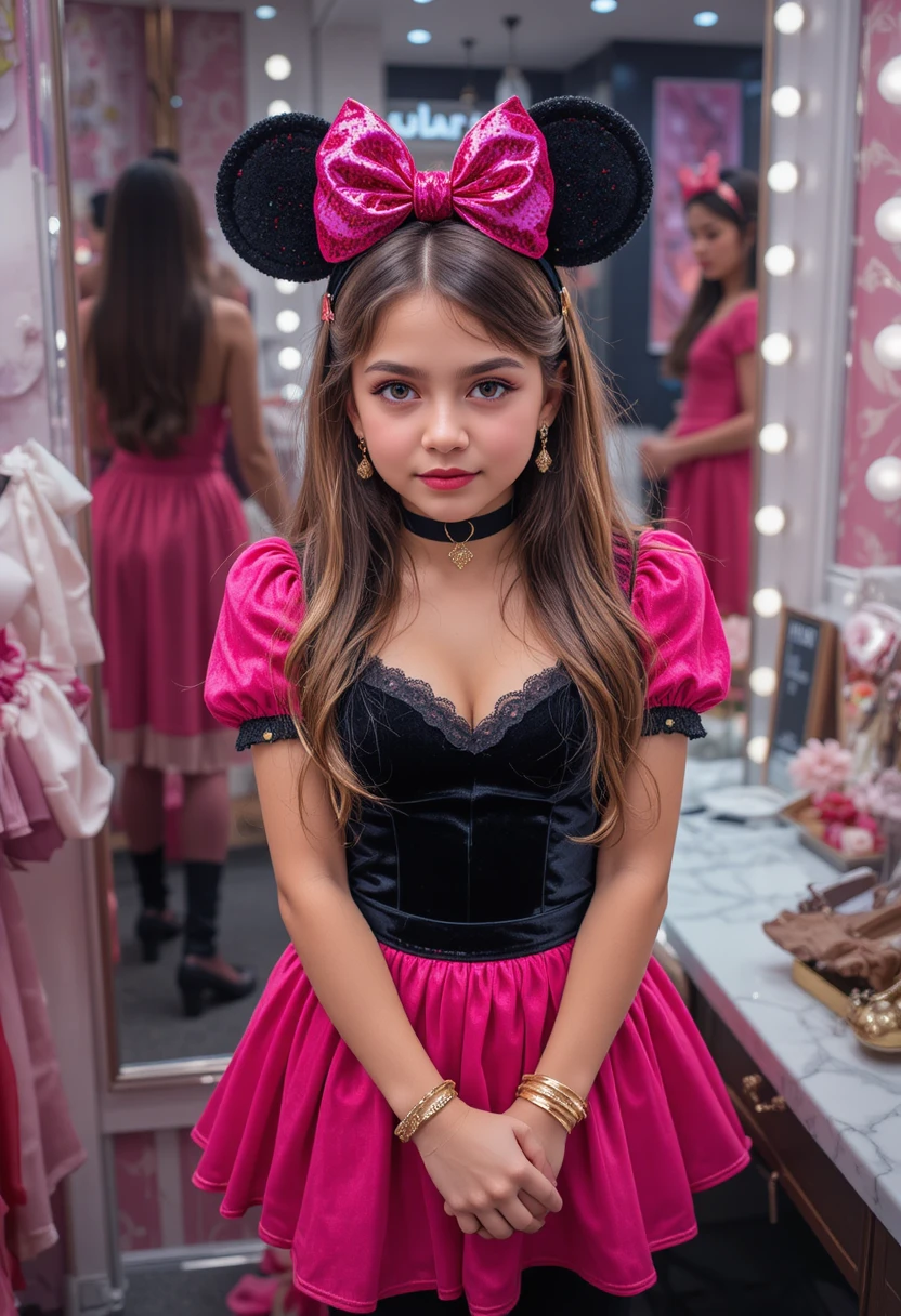 Confused tween girl in pink minnie dress at vanity