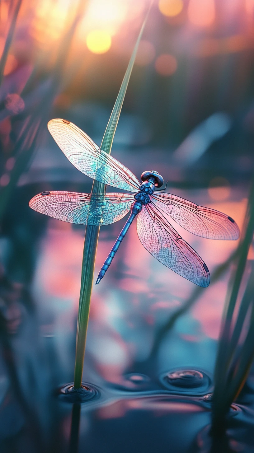 Dragonfly resting on grass by a tranquil summer pond