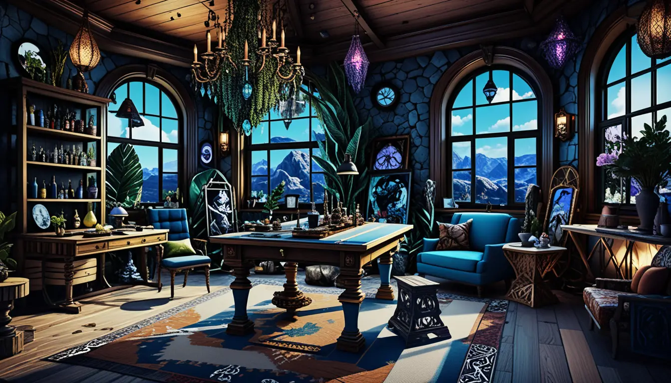 Moody Roman villa solarium studio with glowing chandeliers