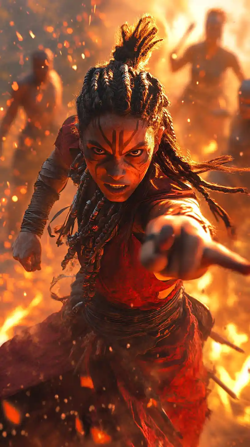 Defiant warrior woman leading the charge amid raging fire