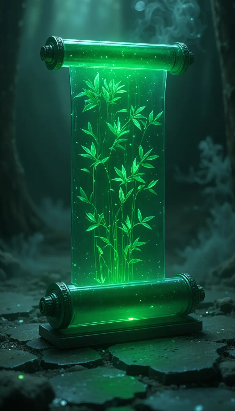 Crystalline jade scroll with holographic bamboo in darkness