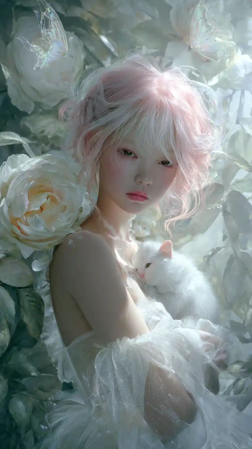 Angelic pink haired girl with kitten and butterflies