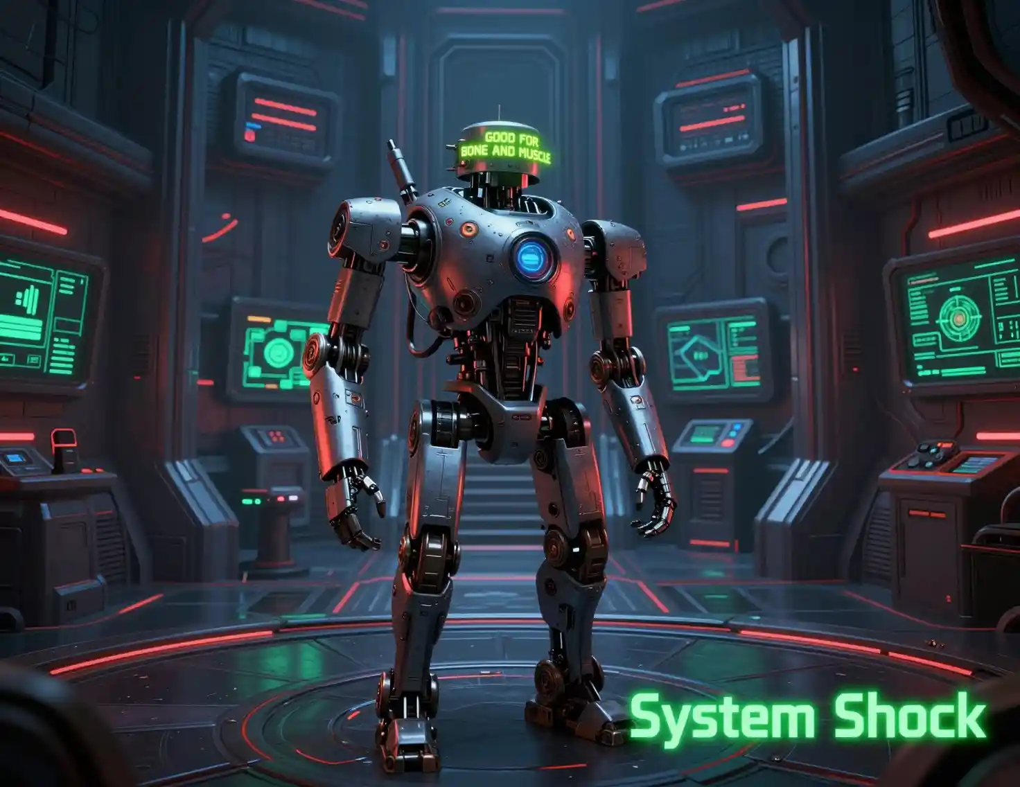 Inactive robot in a neon lit sci fi station interior