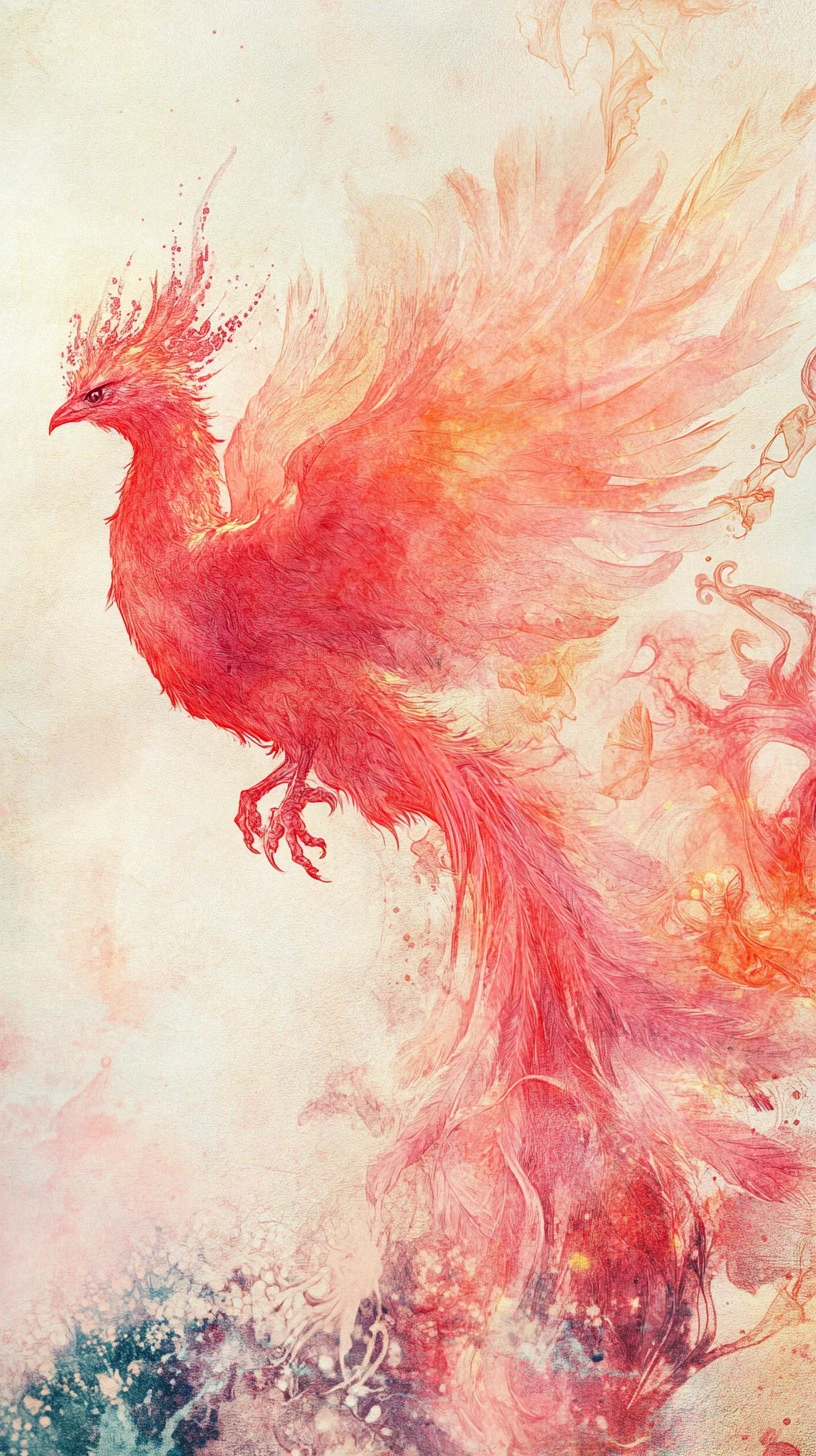 Anime phoenix flying through a romantic cosmic space scene