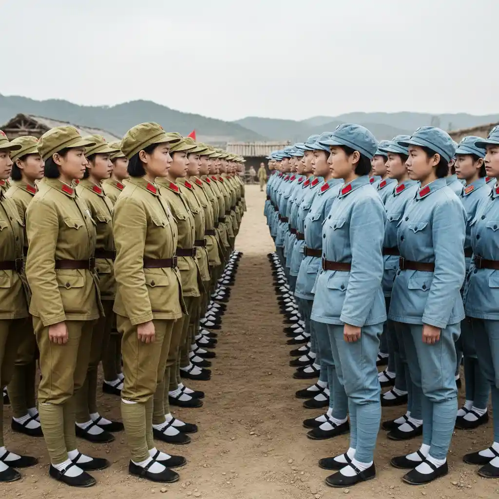 Chinese female soldiers standing together in large formation